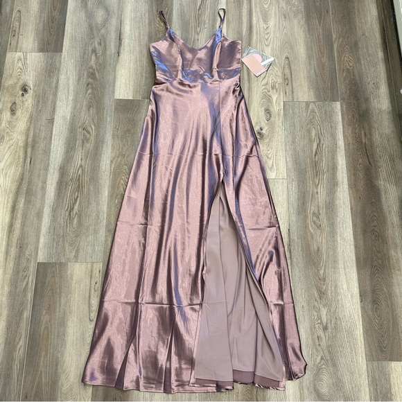 New Birdy Grey Dark Mauve Jay Shiny Satin Maxi Dress - Picture 2 of 8